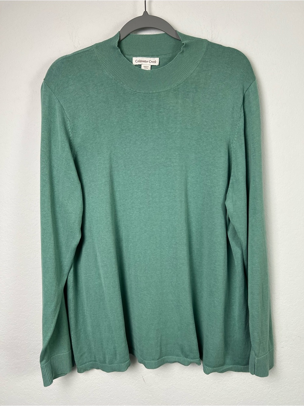 Coldwater Creek Green Silk & Cotton Mock Turtleneck Office Fall Vacation Sweater